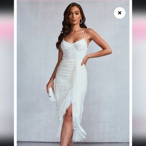 White Devore Tassel Detail Underwired Draped Midi Dress Pretty Little Thing